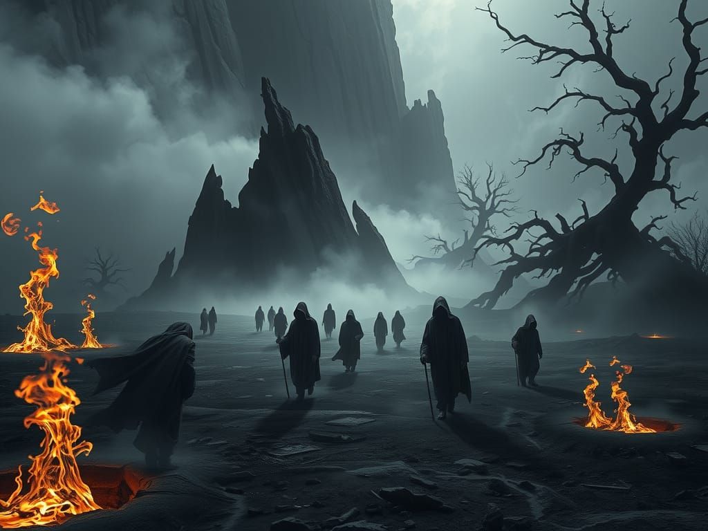 Ethereal Lost Souls Trudge Through Desolate Wasteland