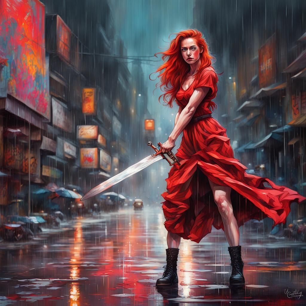 Redhead Warrior in Rainy Cyberpunk City