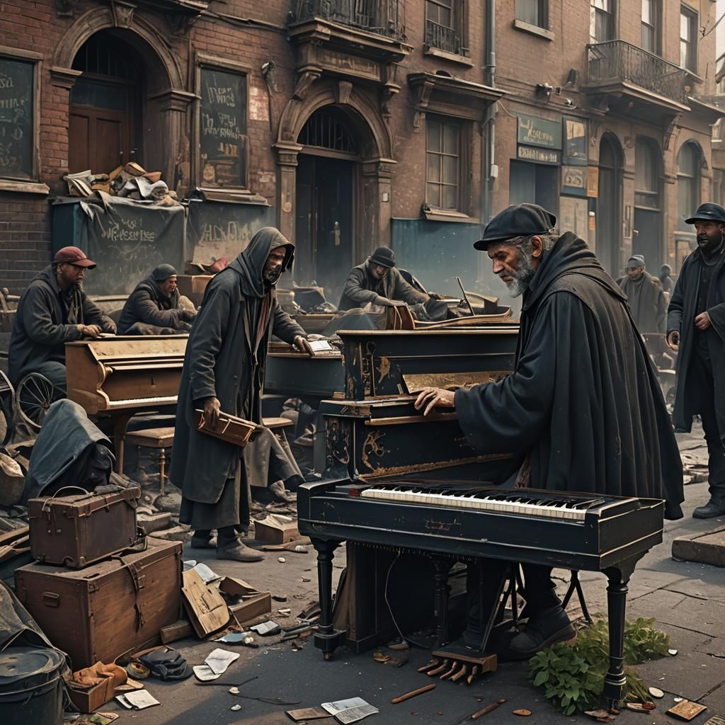 Filthy Homeless Man Plays Piano: Detailed Matte Painting