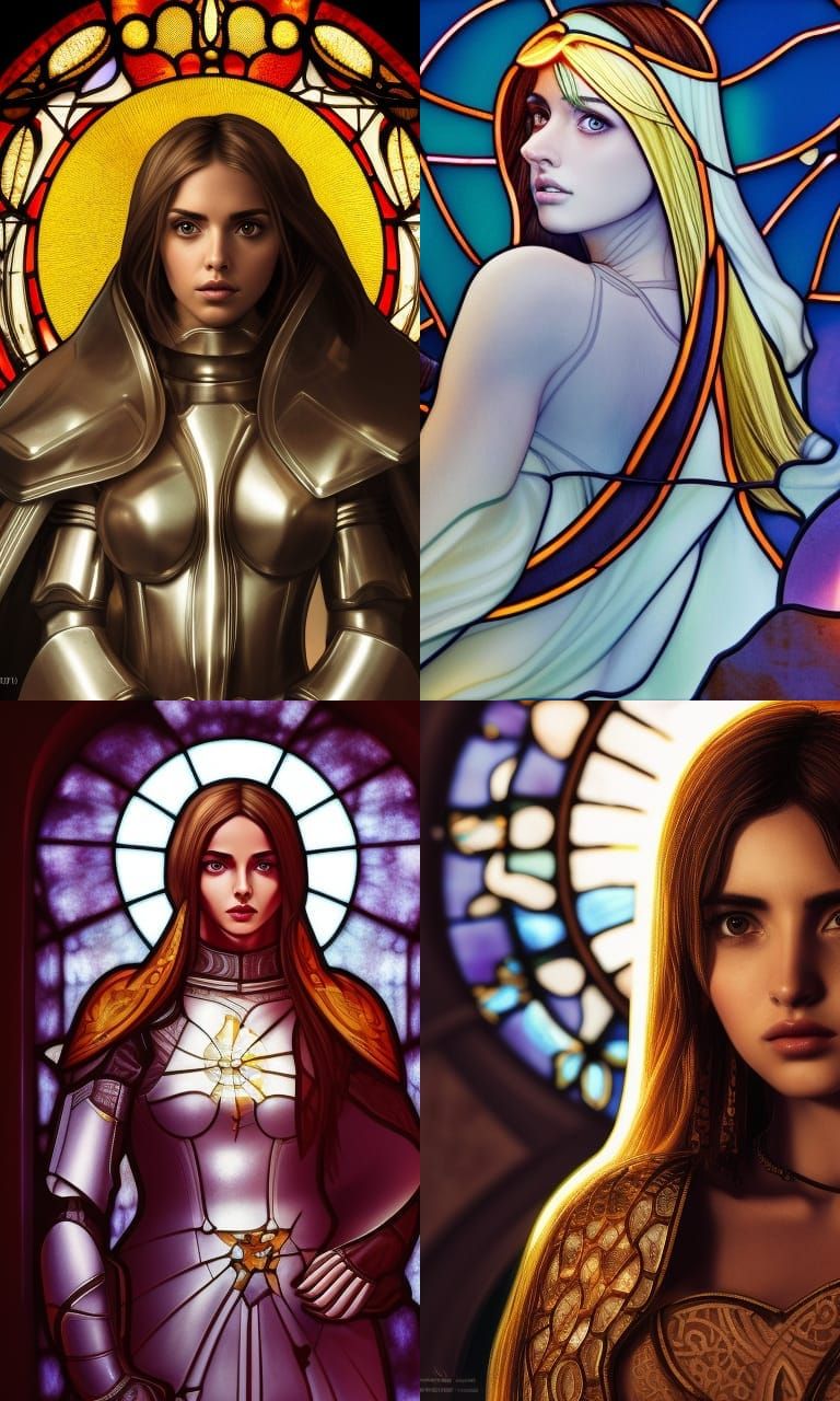 Stained Glass Portrait of Armored Woman with Halo