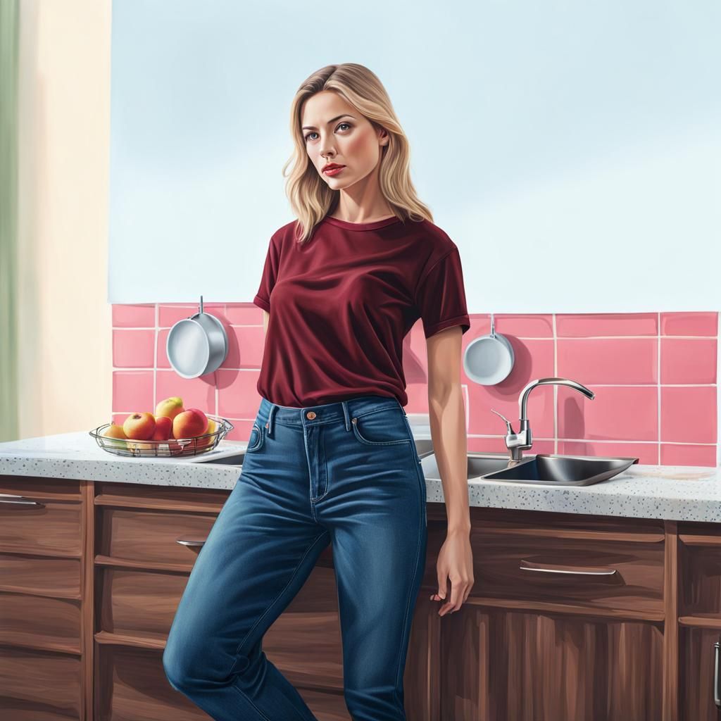 Hyperrealistic Portrait of a Beautiful Woman in Kitchen