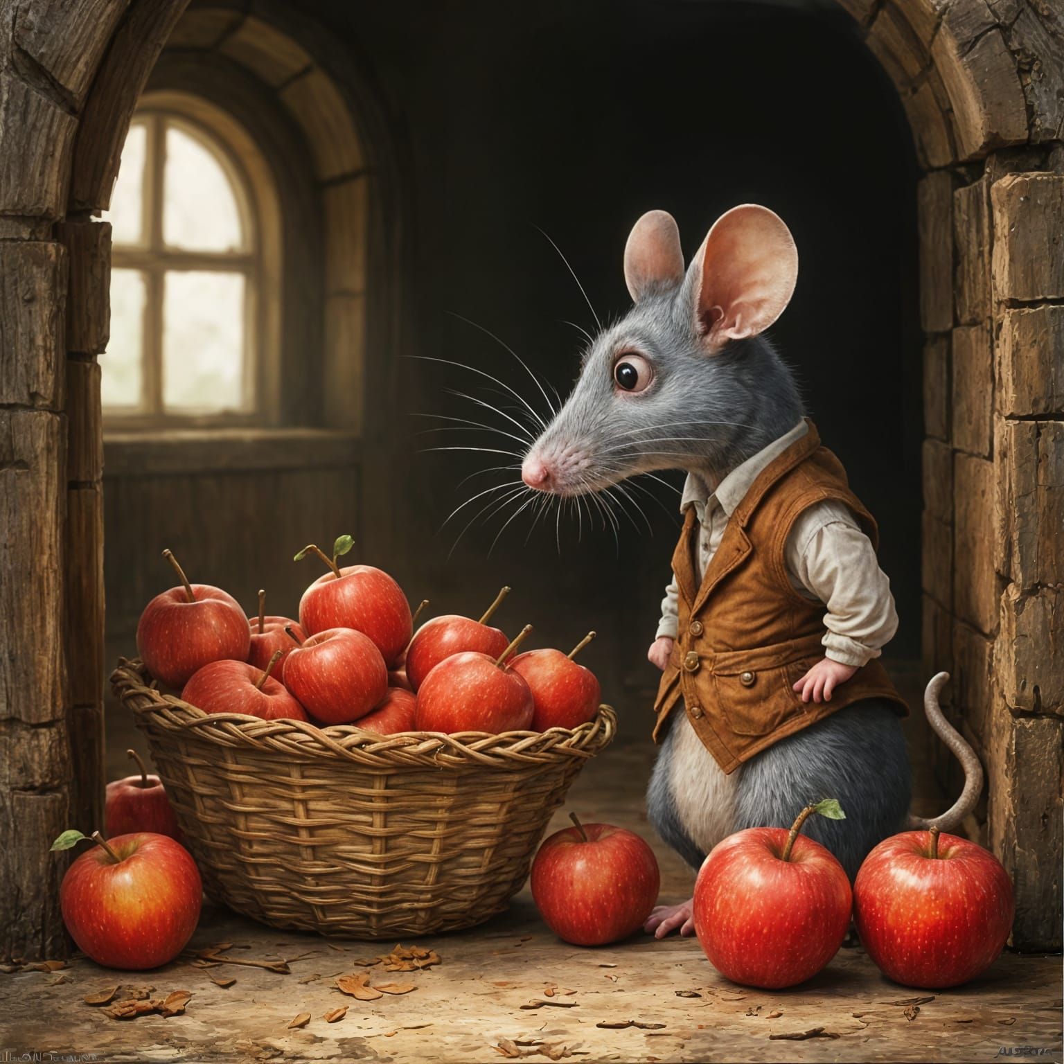 Pip the Rat in a Barn, Realistic Watercolor