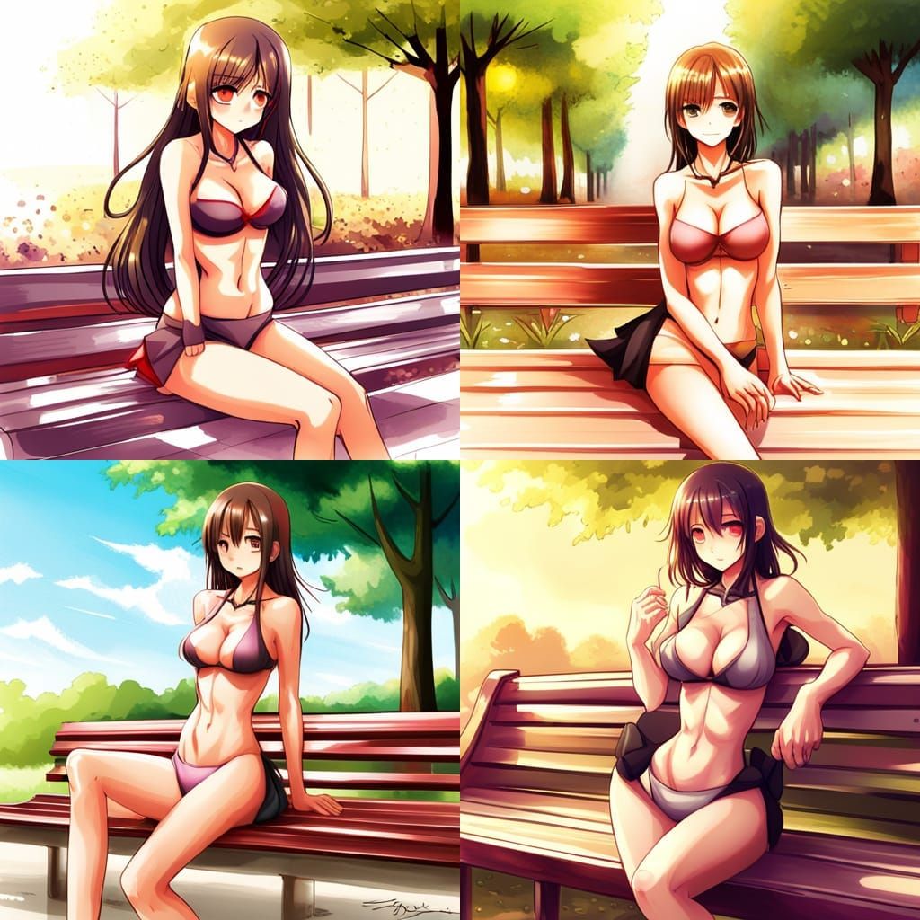 Woman on Park Bench in Anime Style