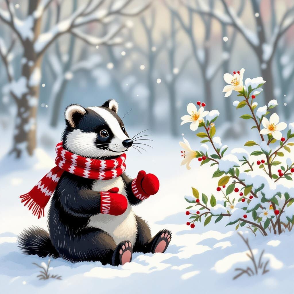 Whimsical Badger in Winter Forest with Knitted Scarf