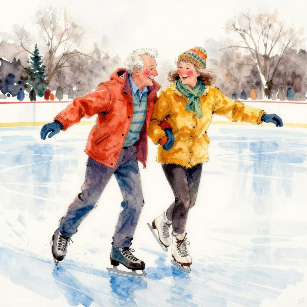 Elderly Couple Ice Skating Joyfully in Watercolor Style