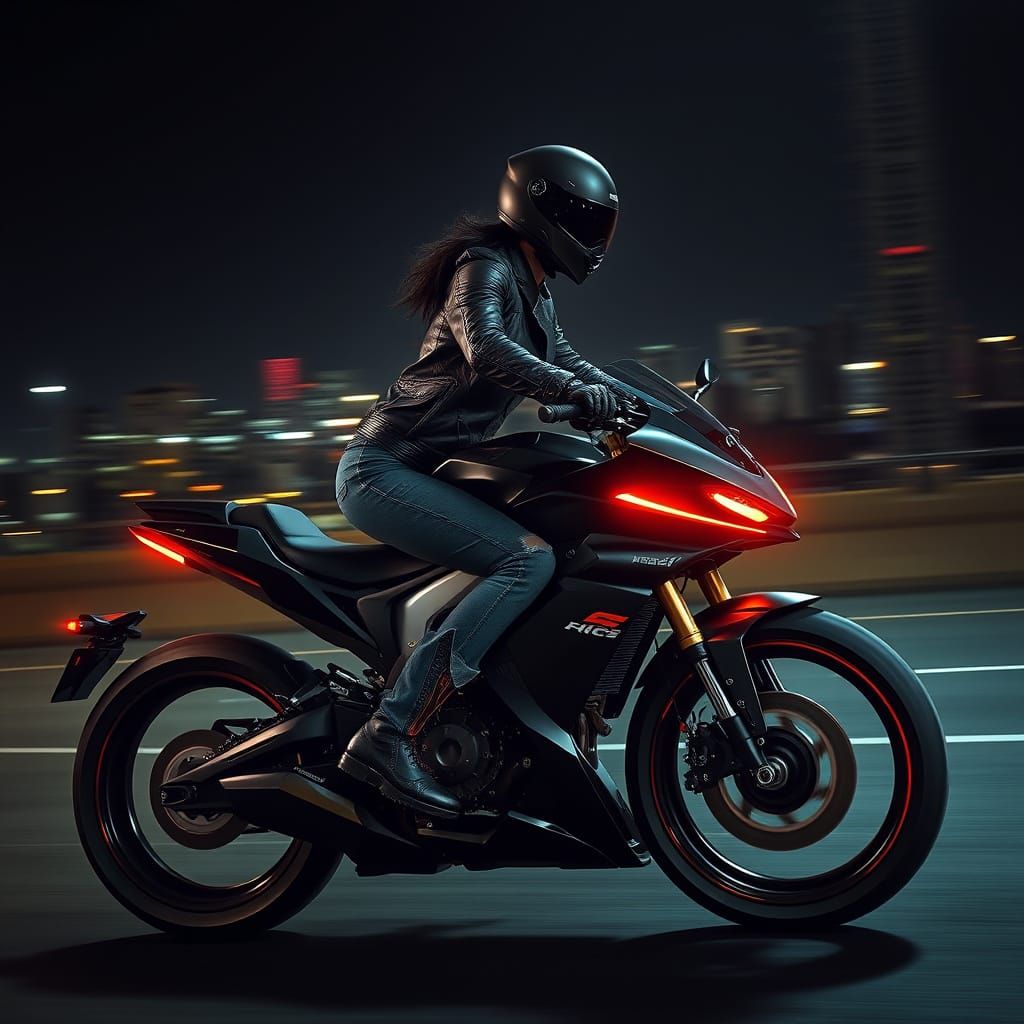 Girl Riding Futuristic Bike in Neon-Lit Night