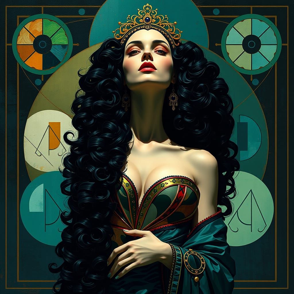 Stylized Woman in Cubist Azure Scene as Gouache Painting