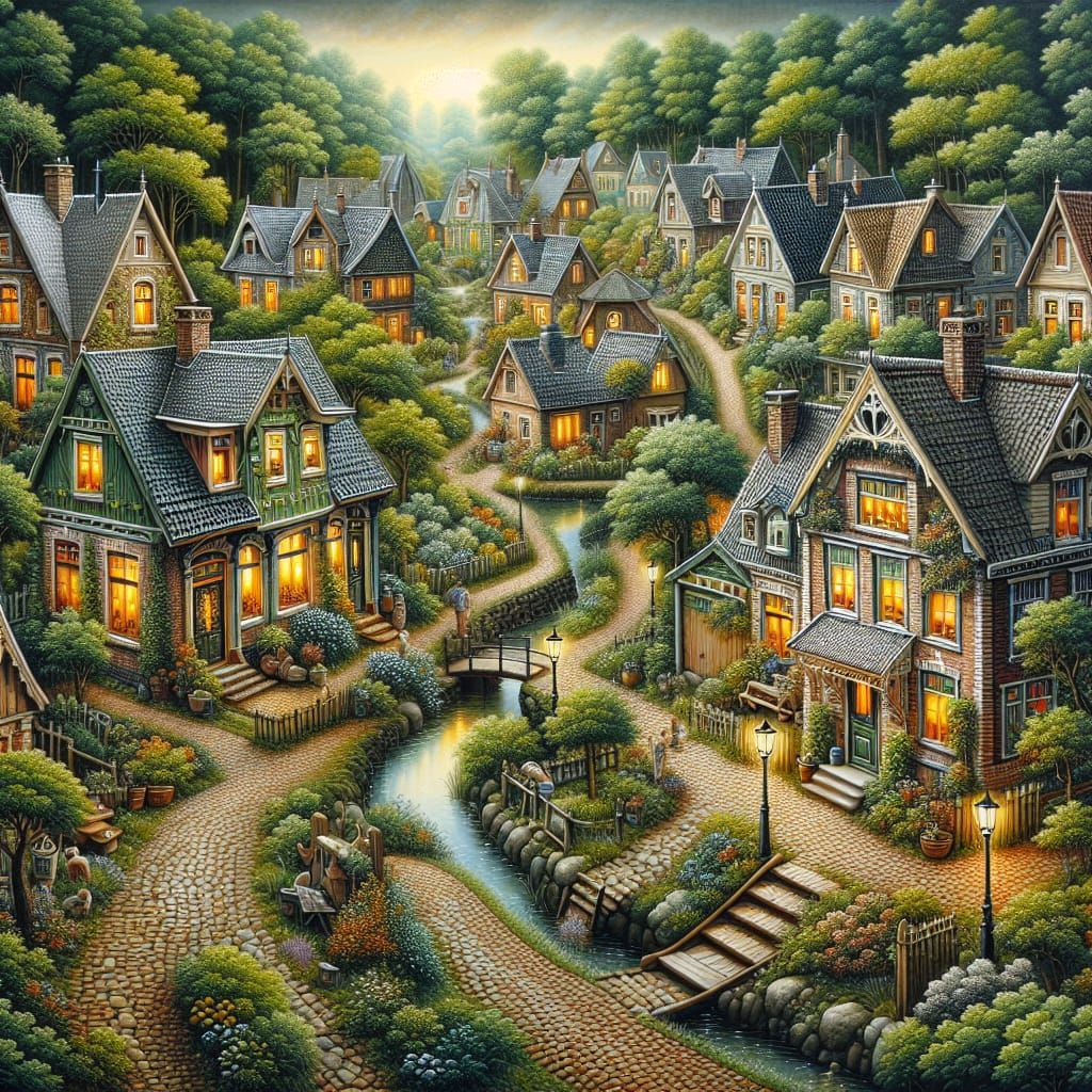 Idyllic Village Scene in Romantic Landscape Style