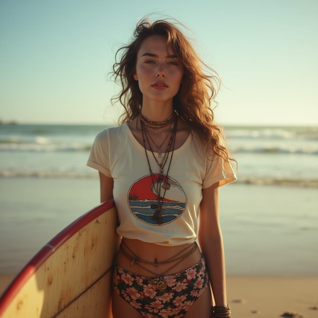 A hippy brunette indie girl surfer, with sun-kissed skin and...