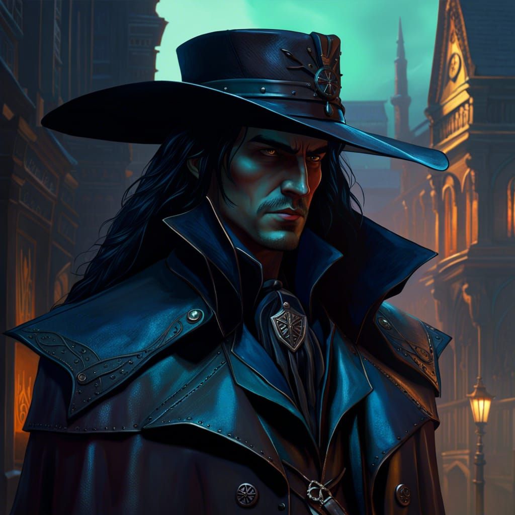 Gothic Vampire Hunter in Victorian City, Digital Art