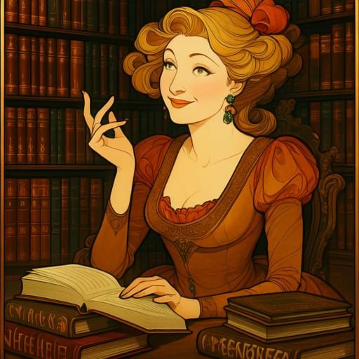 Elegant Woman Exchanging Witty Banter in Library