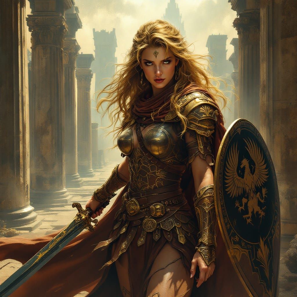 Ancient Greek Warrior Goddess in Golden Armor