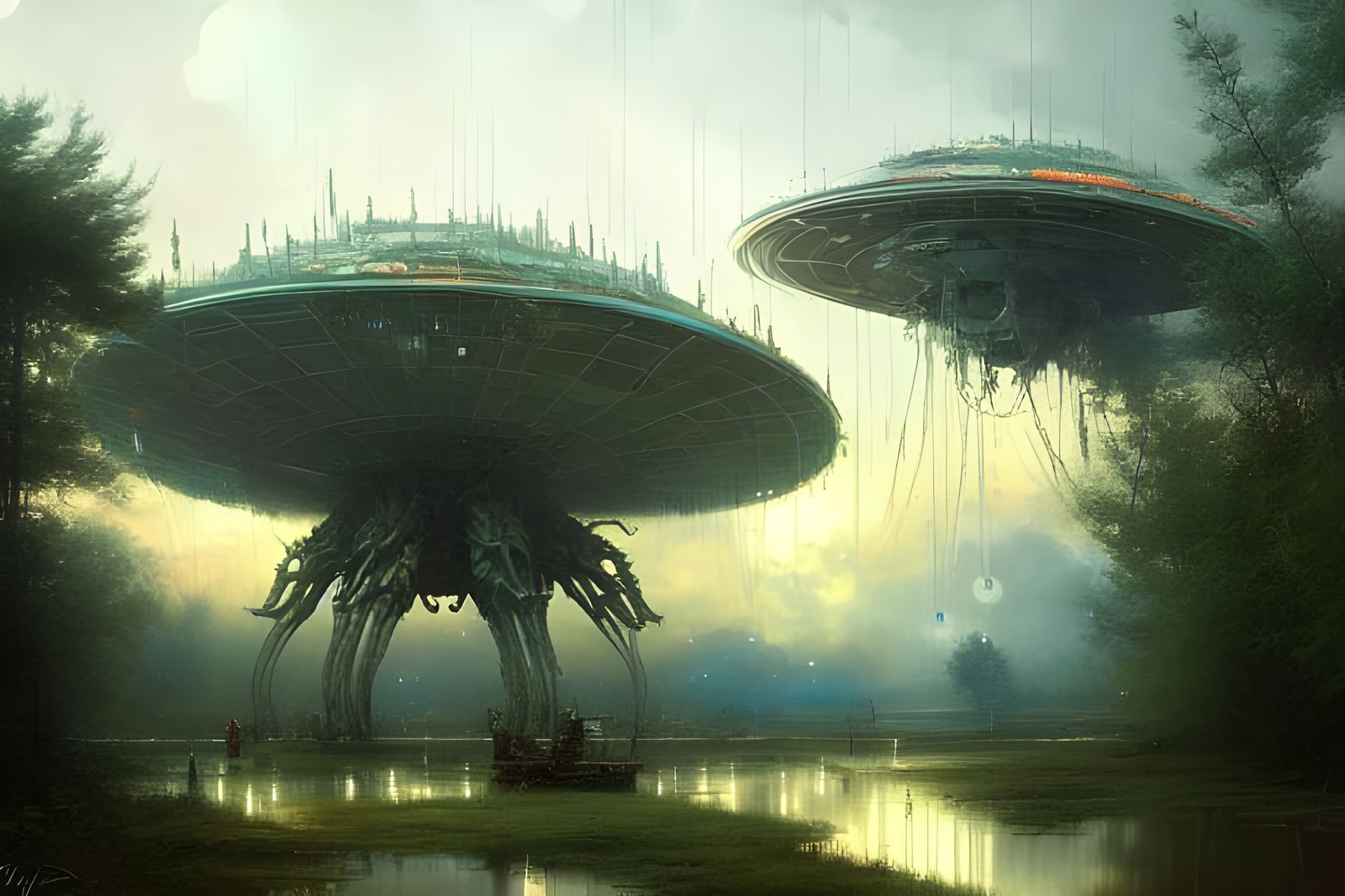Intricate Alien Spaceship in Rainy Landscape