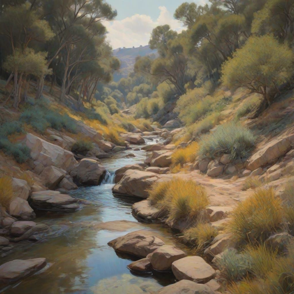 Melancholic Gouache Landscape in Impressionist Style