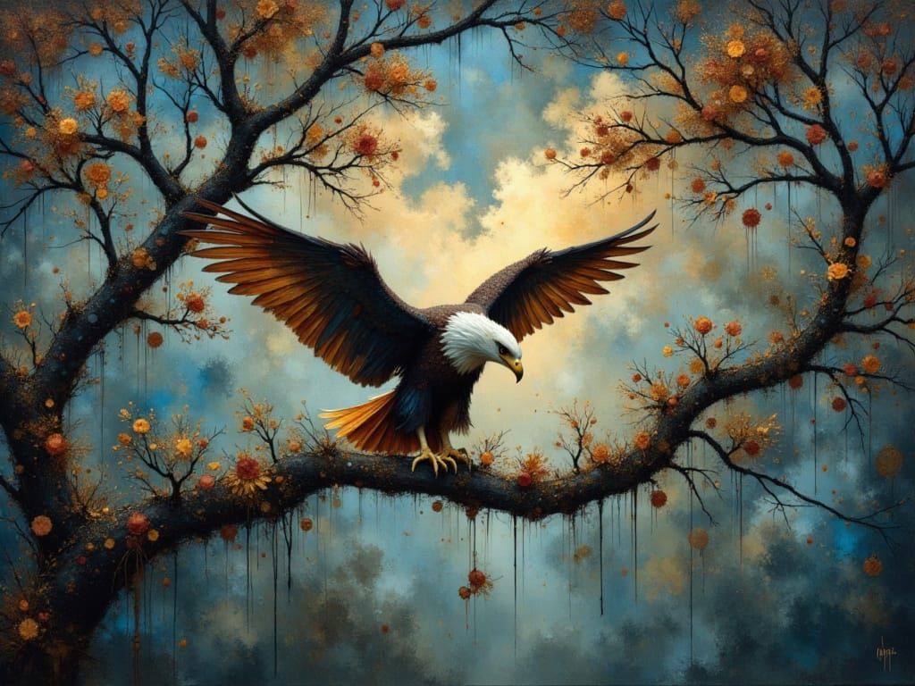 Majestic Eagle on Branch at Night, Dreamlike Art