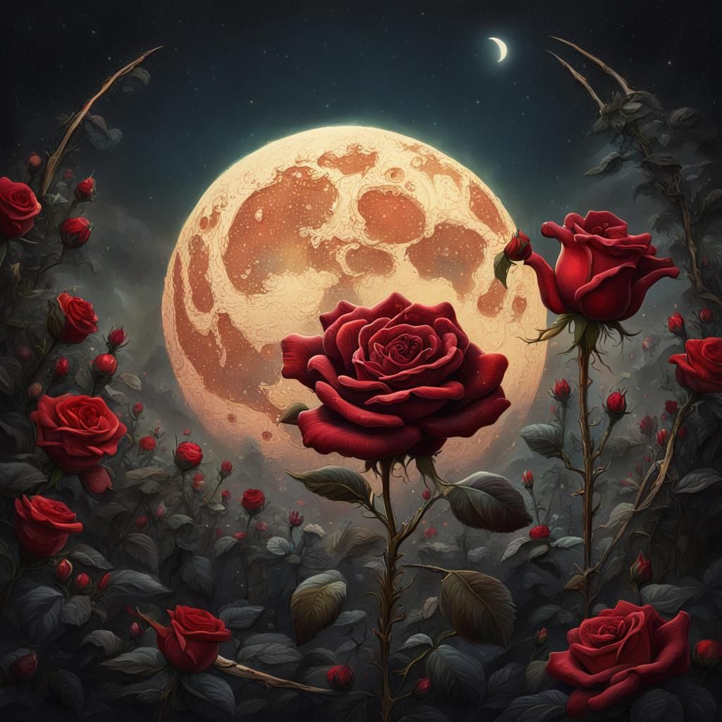Crescent Moon Illuminates Red Rose: Vintage Oil Illustration