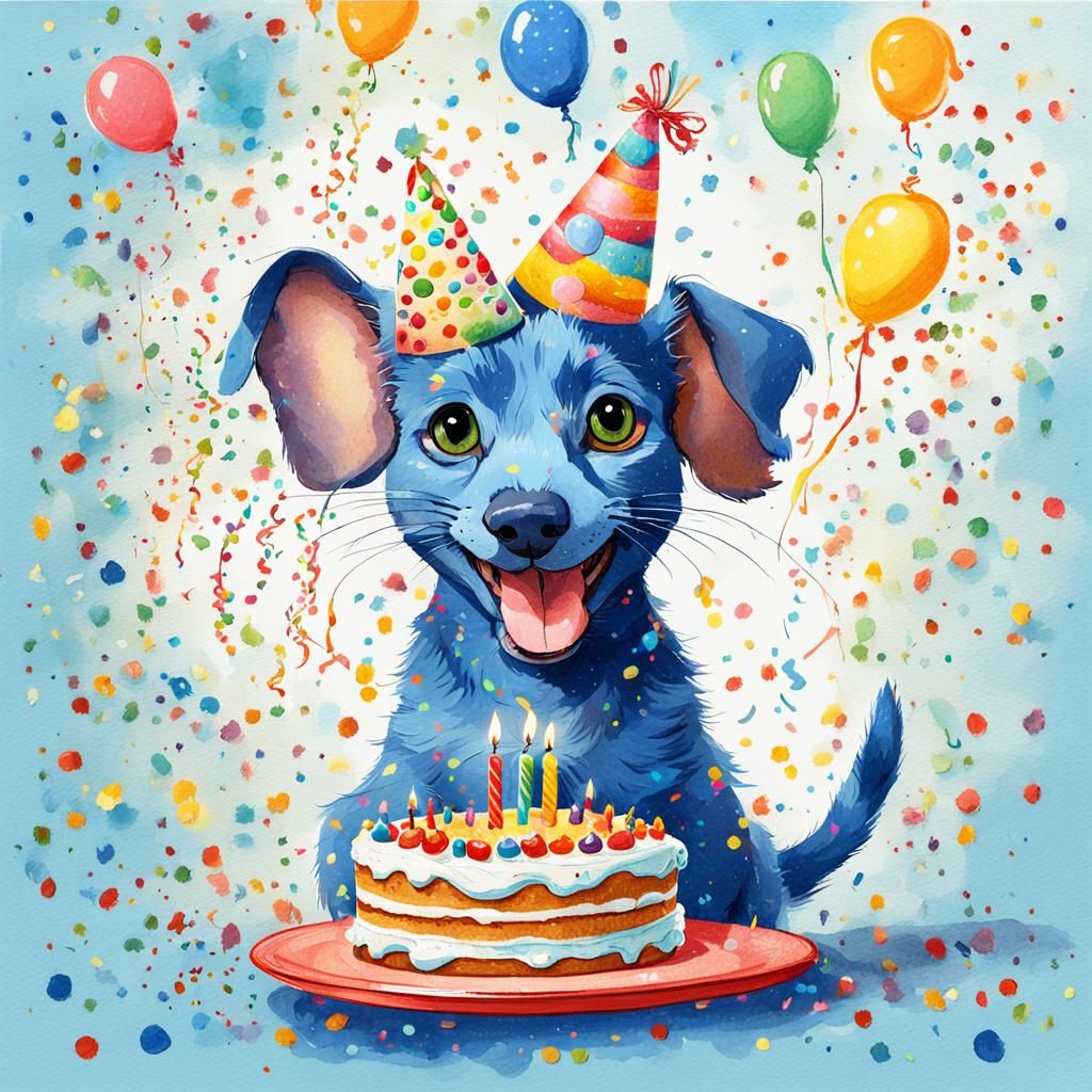 Blue Cat Dachshund Birthday in Quentin Blake Style