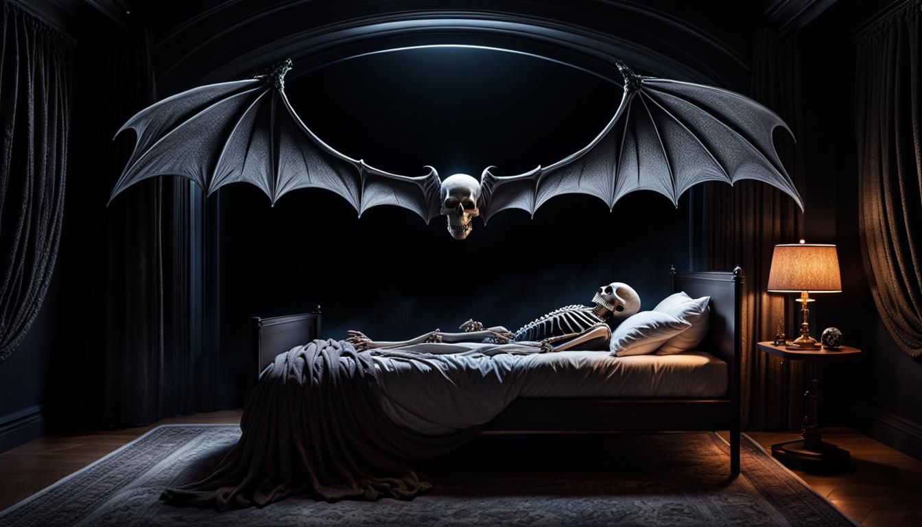 Skeleton with a vampire skull and bat wings, appearing from ...
