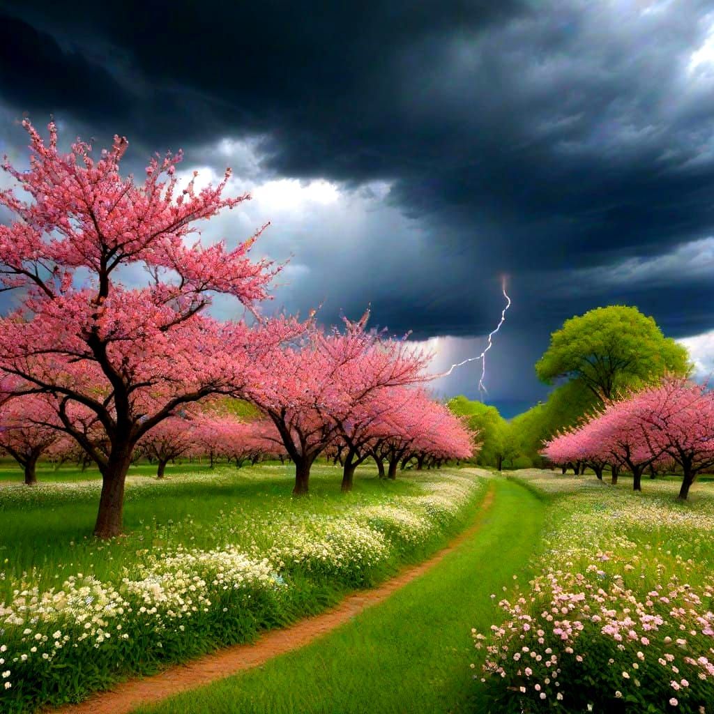 Vibrant Cherry Blossoms Amidst a Turbulent Stormy Sky