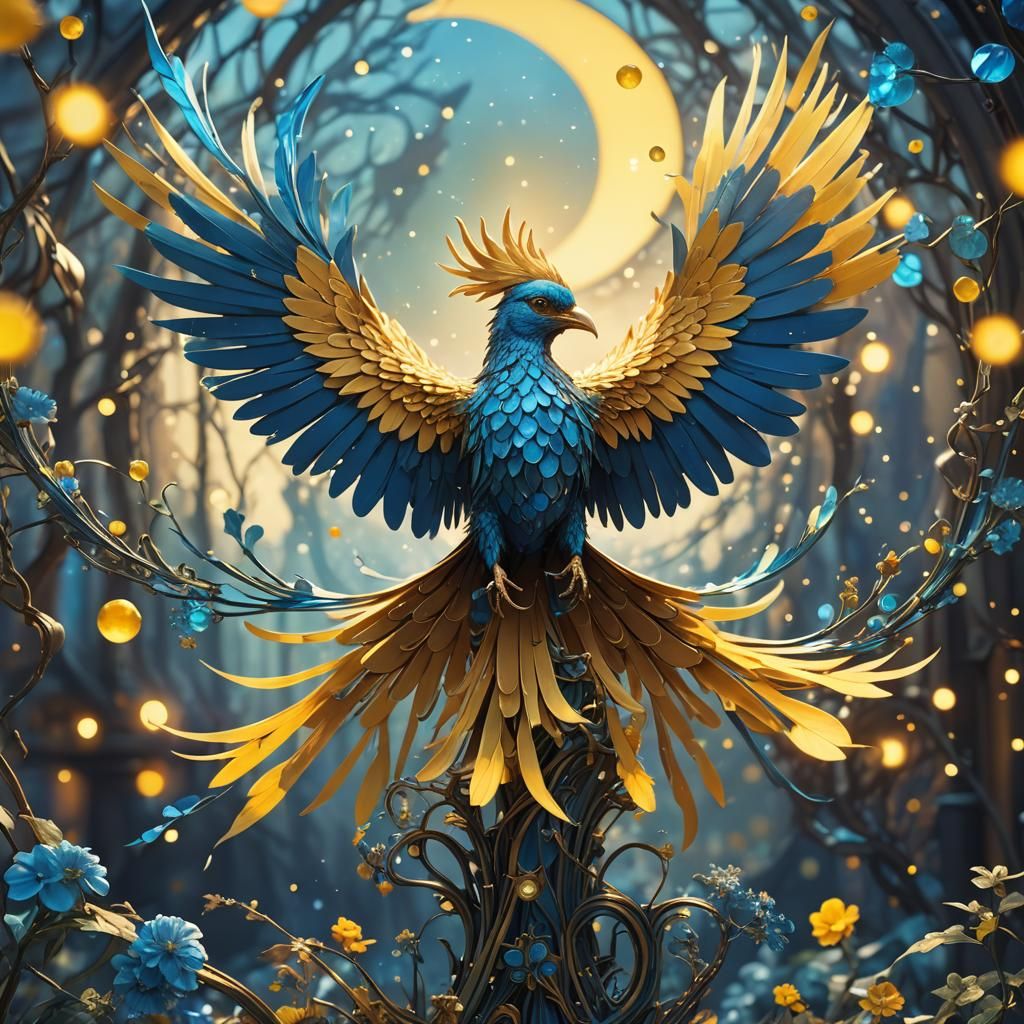 Solarpunk Phoenix in Blue and Yellow, Art Nouveau Style