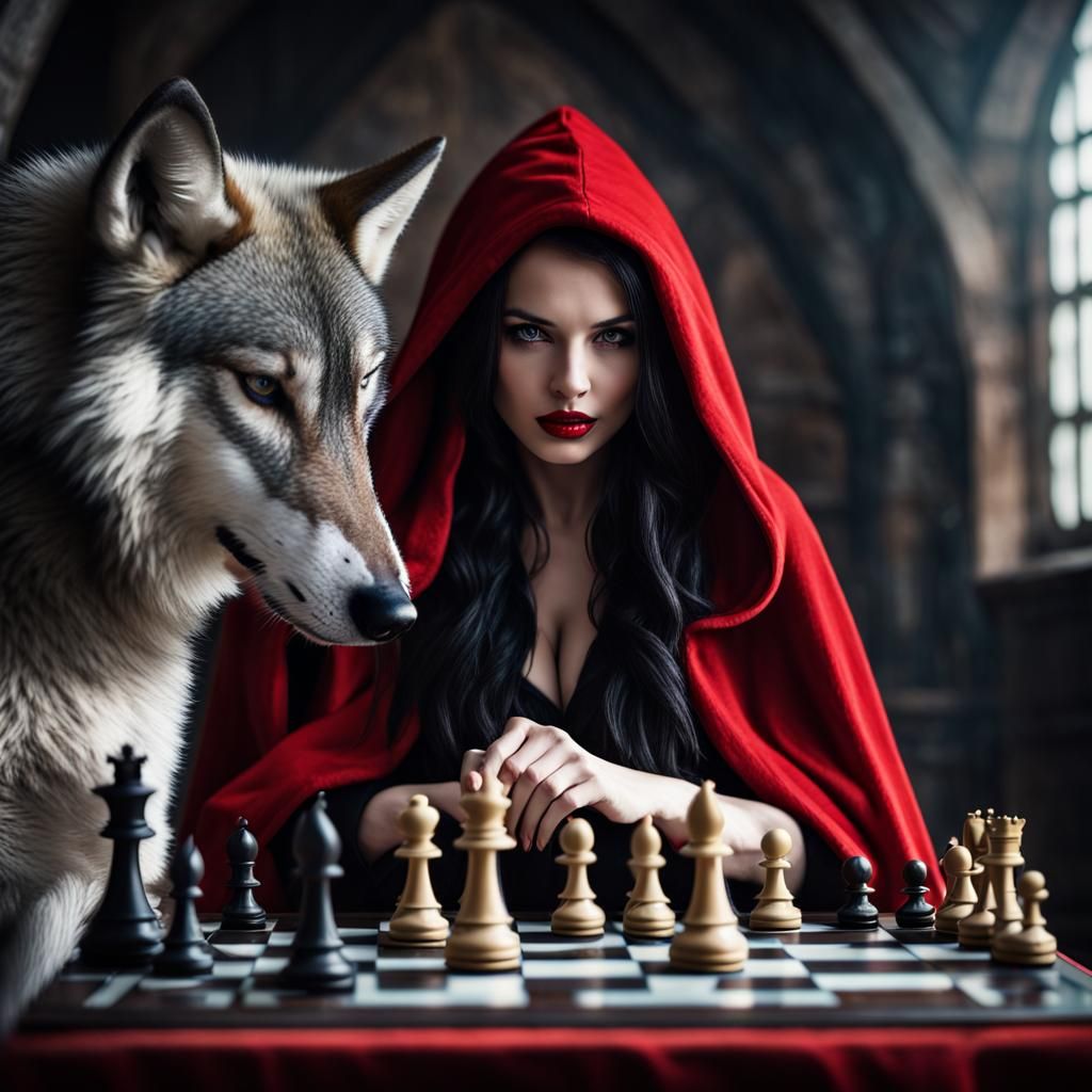 Chess Game: Woman and Wolf in Gothic Setting