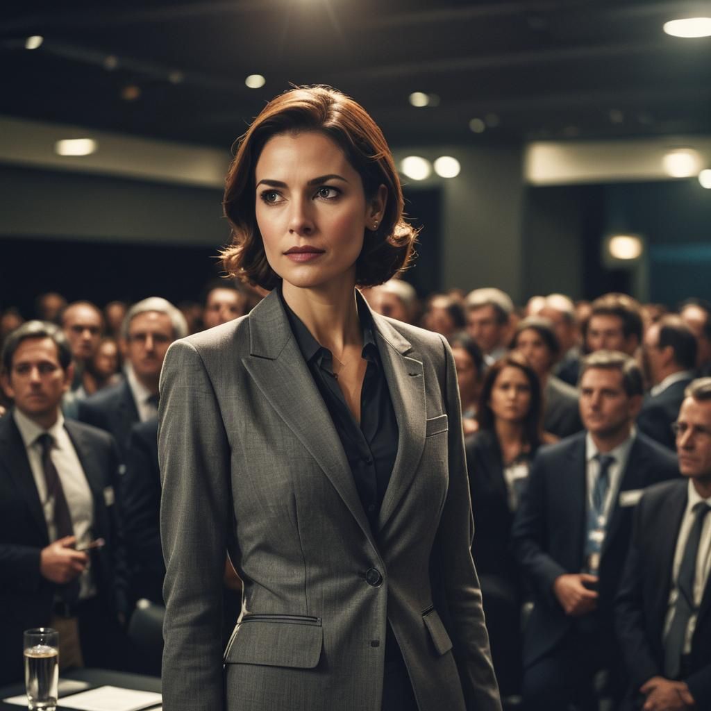 Businesswoman at Tech Conference in Hyperrealistic Style