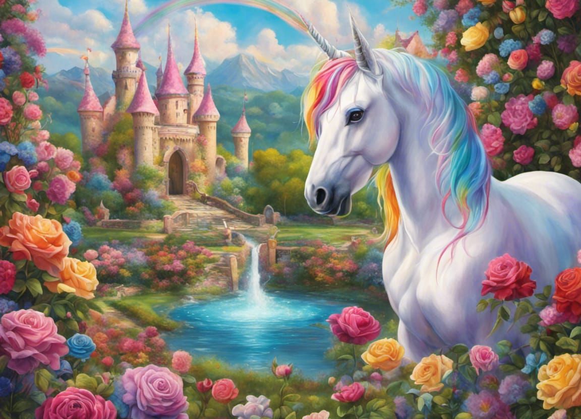 Unicorn in Rose Garden, Candy Art Style