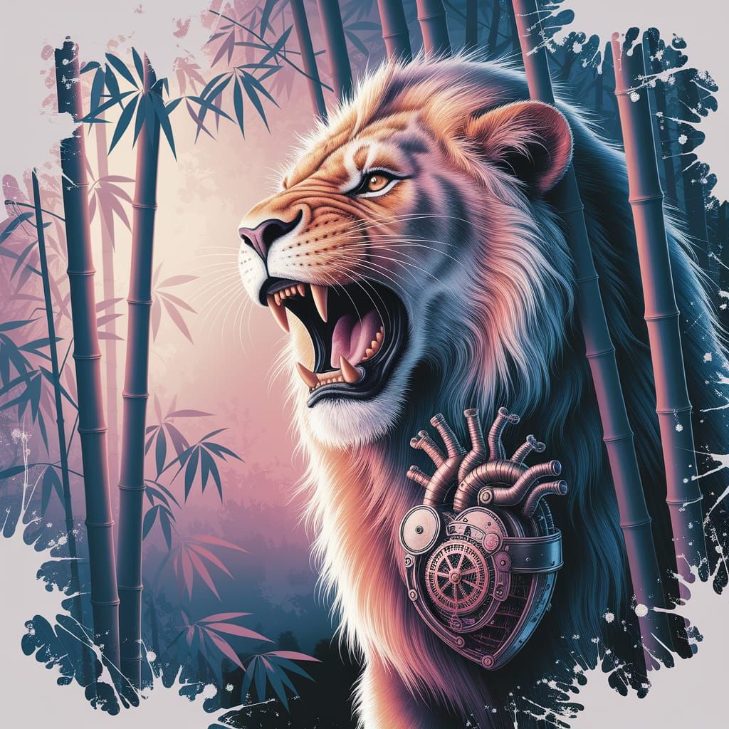 Clockwork Lion Roaring: Ethereal Watercolor Painting