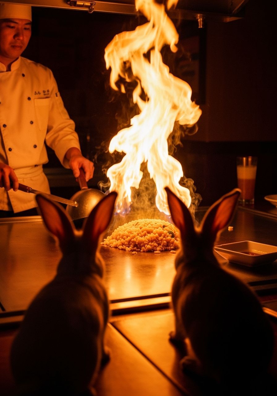 Rabbits Enjoying Fried Rice at a Teppanyaki Grill