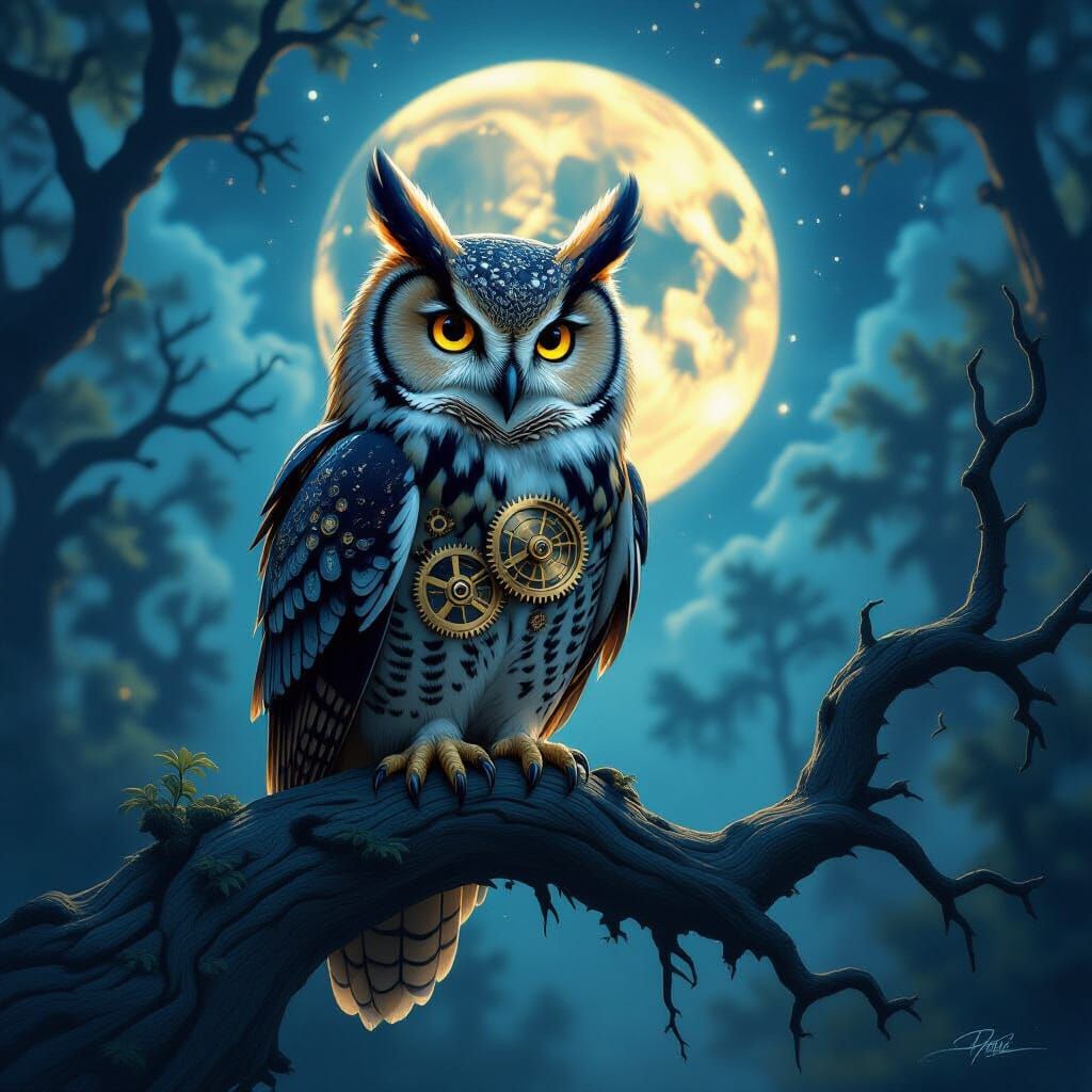 Steampunk Owl in Moonlit Cosmic Forest
