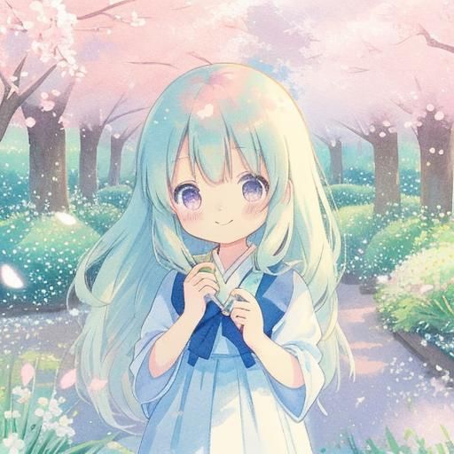 Dreamy Anime Girl in Lavender Garden Watercolor