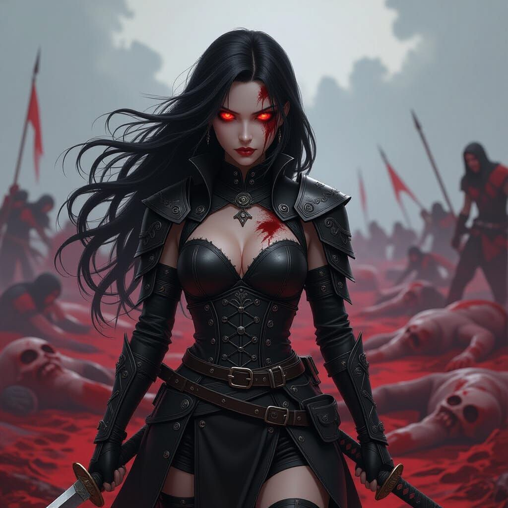 Goth Demon Slayer on Battlefield in Dark Fantasy Style