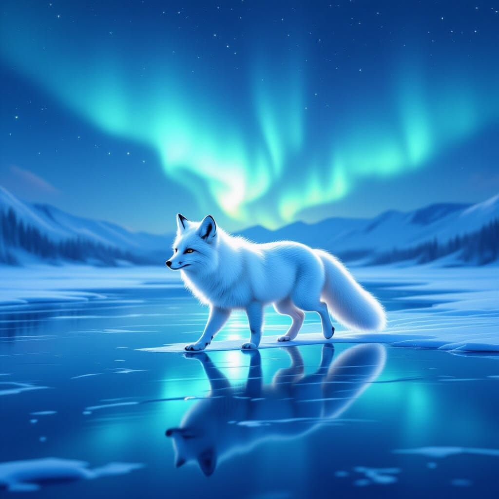 Arctic Fox Gliding Under Aurora Borealis