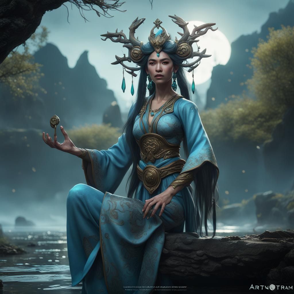 Asian Water Genasi Druid in Detailed Matte Painting