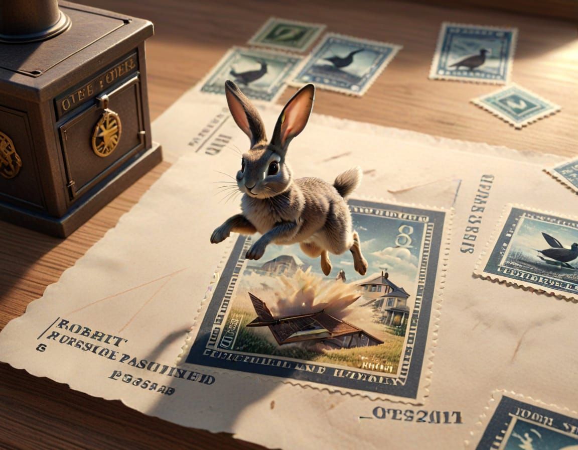 3D Anime Rabbit Leaping from Postage Stamp