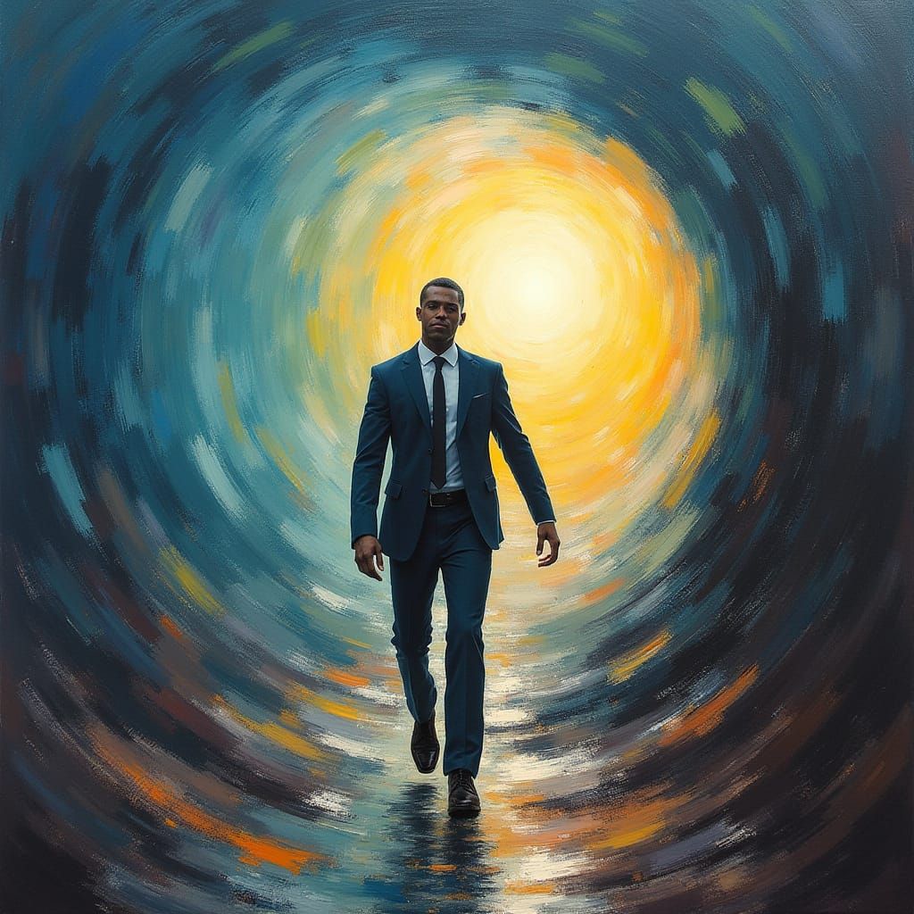 Man Stepping into Vortex: Impressionist Oil Painting