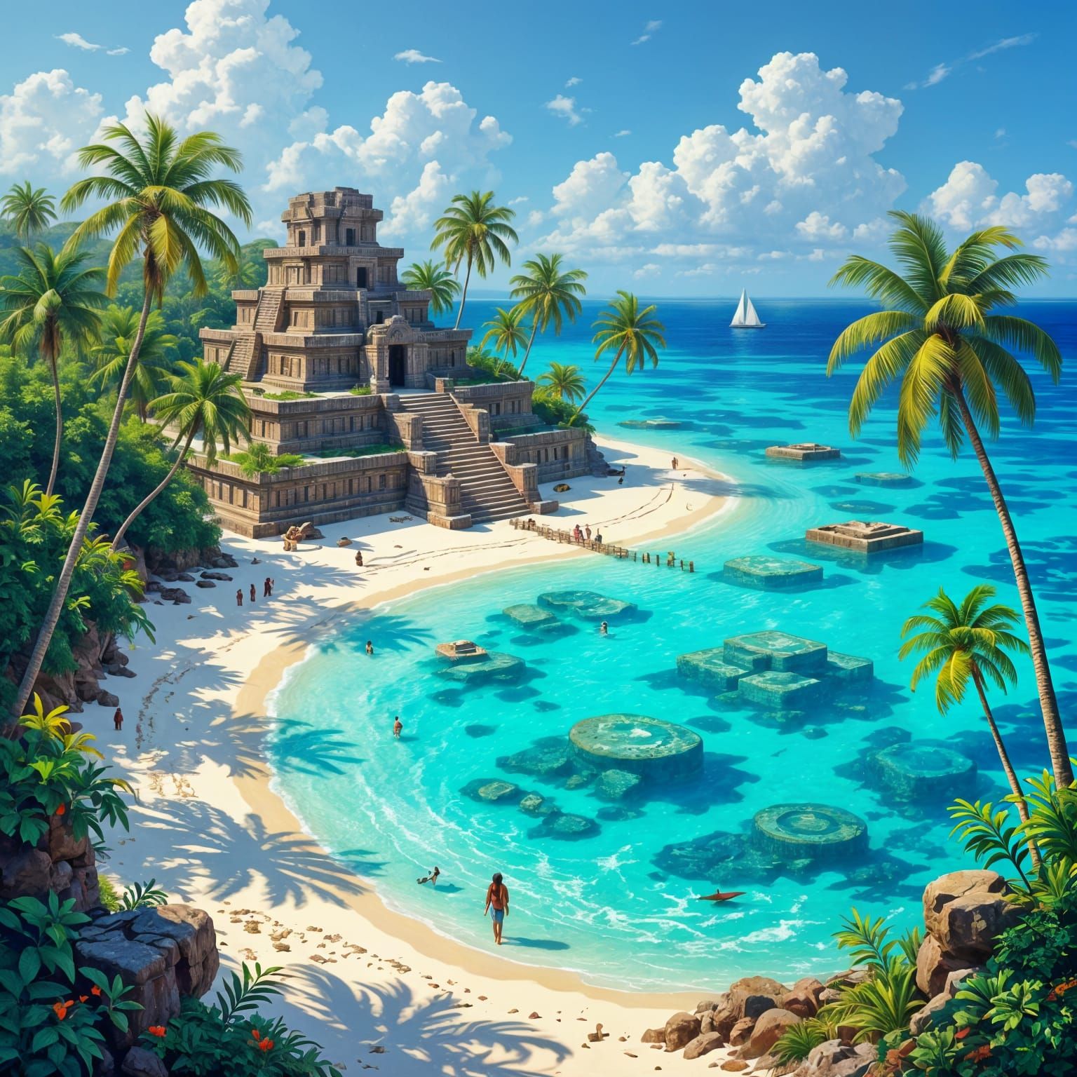 Pre-Raphaelite Atoll Painting of Sunken Ancient Ruins