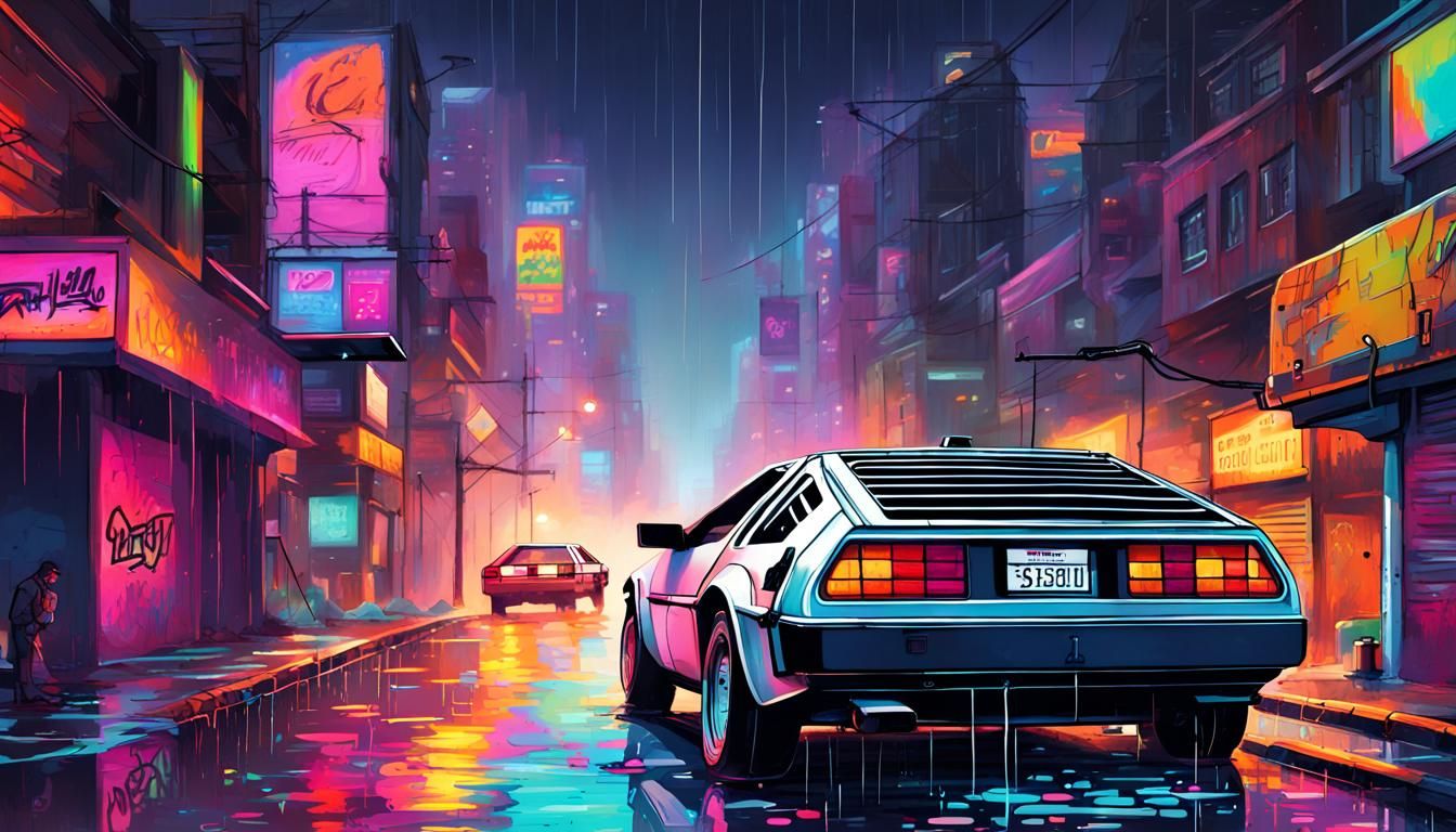 DeLorean in Neon-Lit Retro City Street