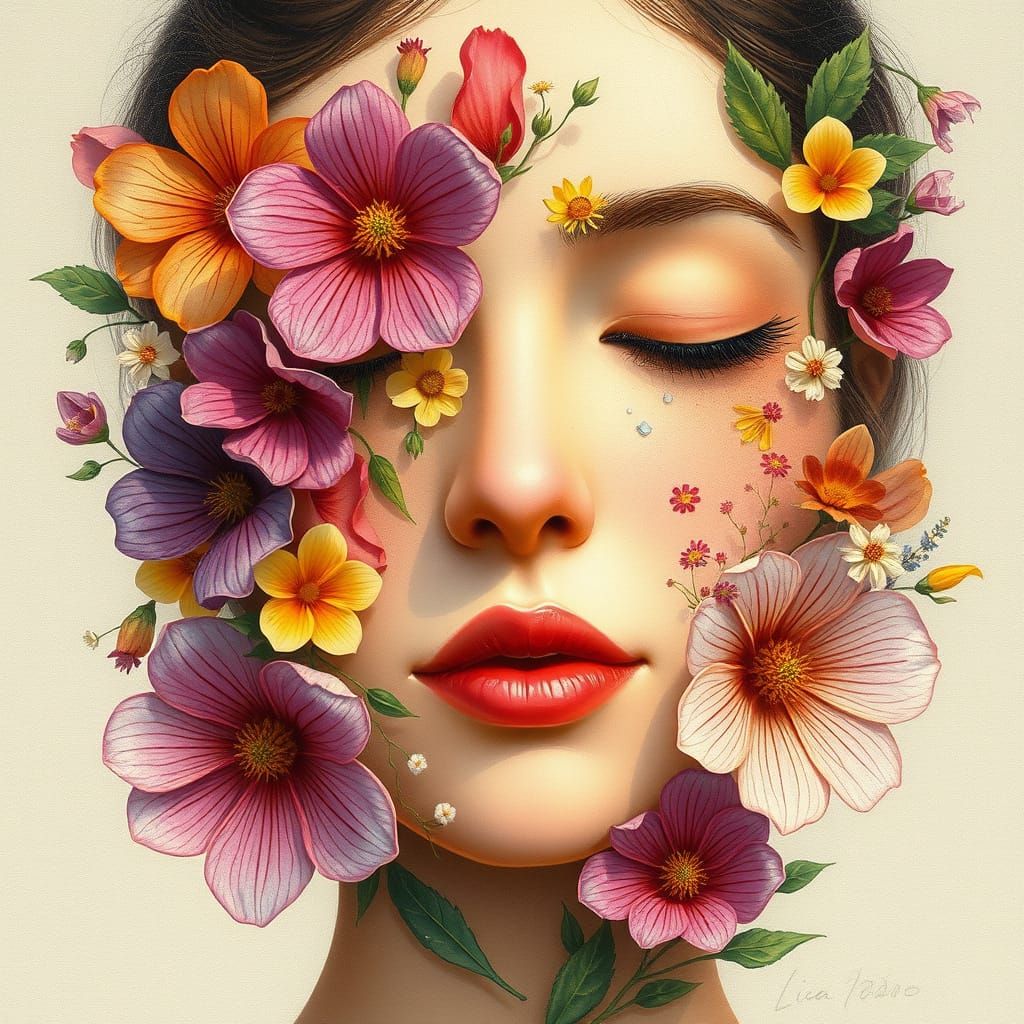 Vibrant Floral Portrait in Whimsical Style