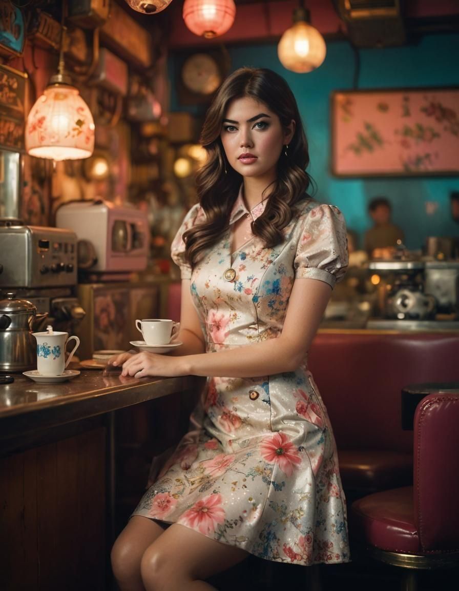 Retro Tokyo Cafe Scene with Woman in Floral Dress