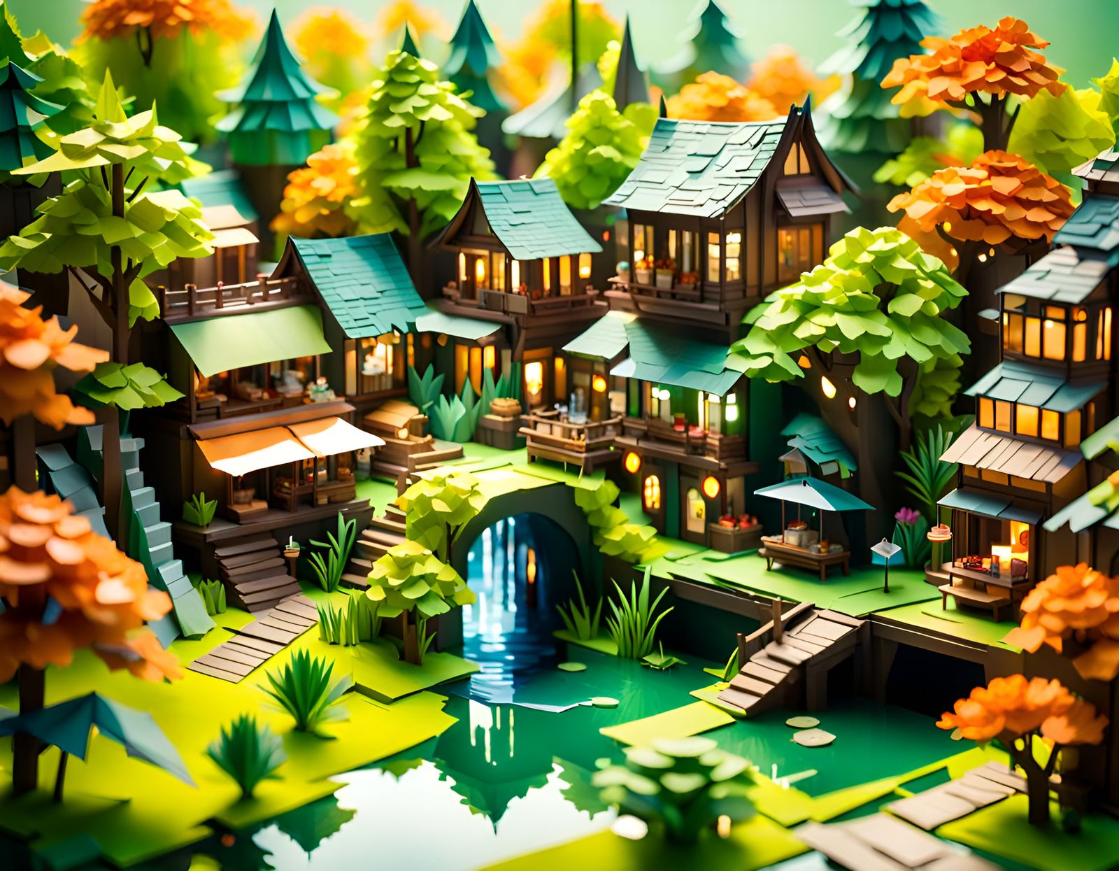 Epic Origami Diorama Village in Oil Painting Style