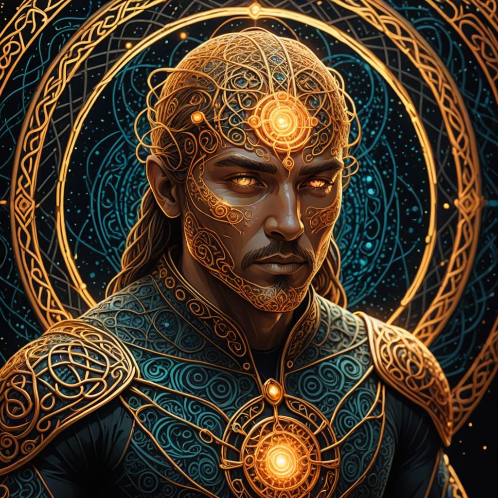 Cosmic Warrior Embarks Through Glowing Portal