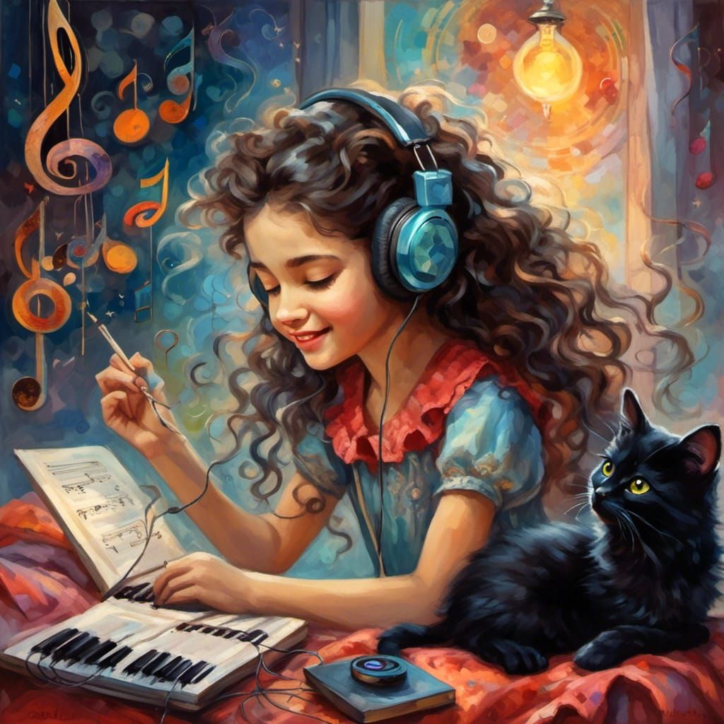 Teenage Girl Listening to Music With Kitten