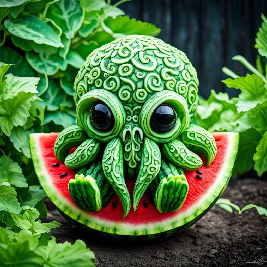 Chibi Cthulhu Watermelon Carving in Garden