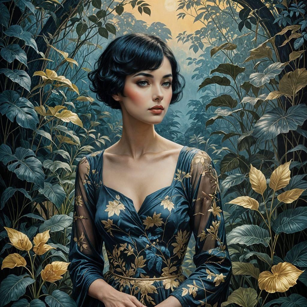 Noir Woman in Garden, Charcoal Painting Style