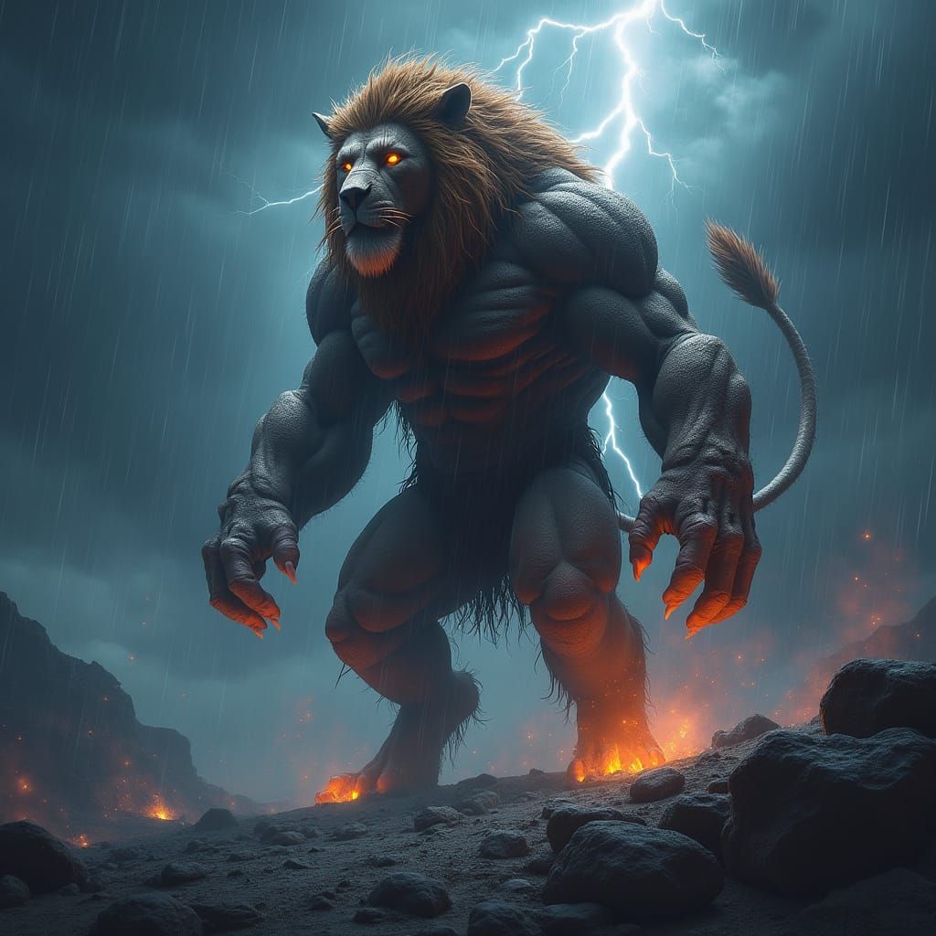 Regal Storm Hybrid: A Majestic Lion-Human Figure Amidst Turb...