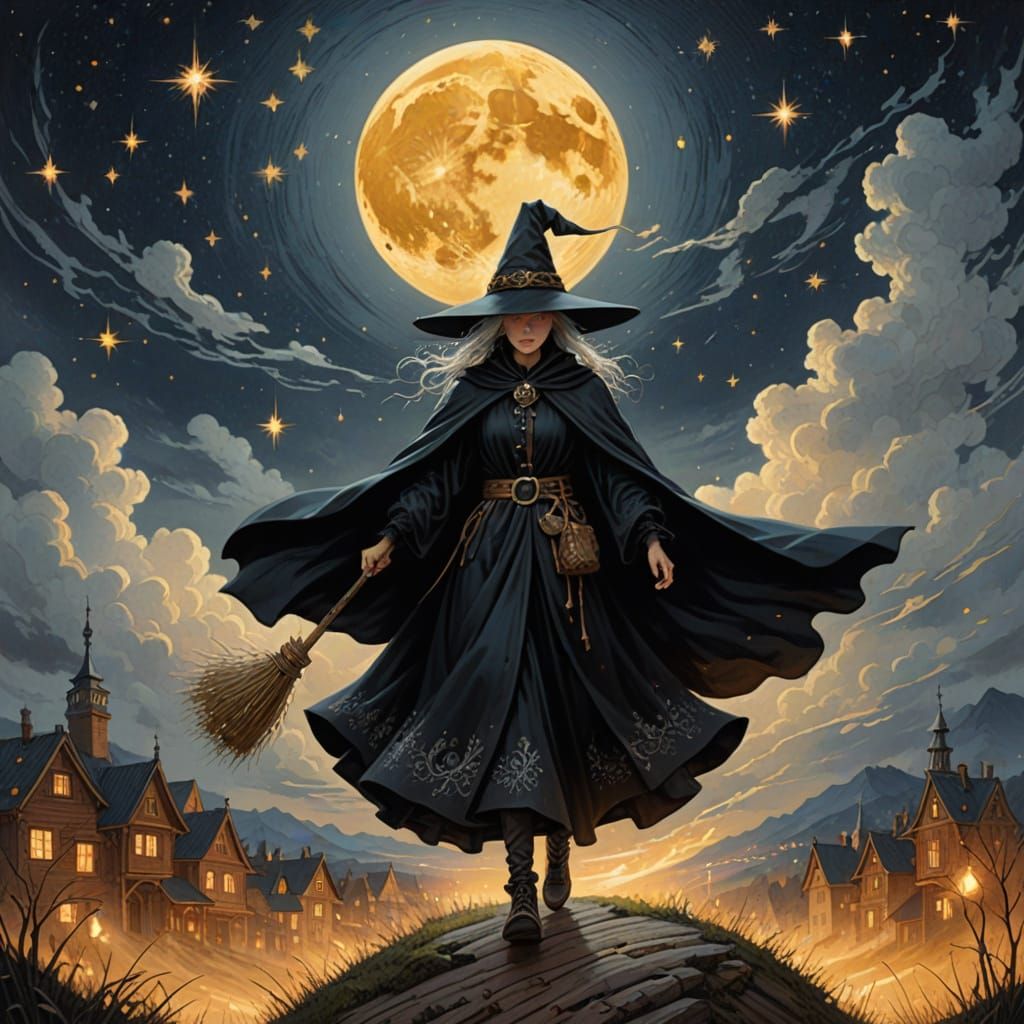 Mystical Witch Soars Under Golden Moonlit Skies