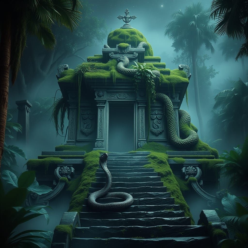 Ancient Temple in Misty Jungle, Cobra on Steps
