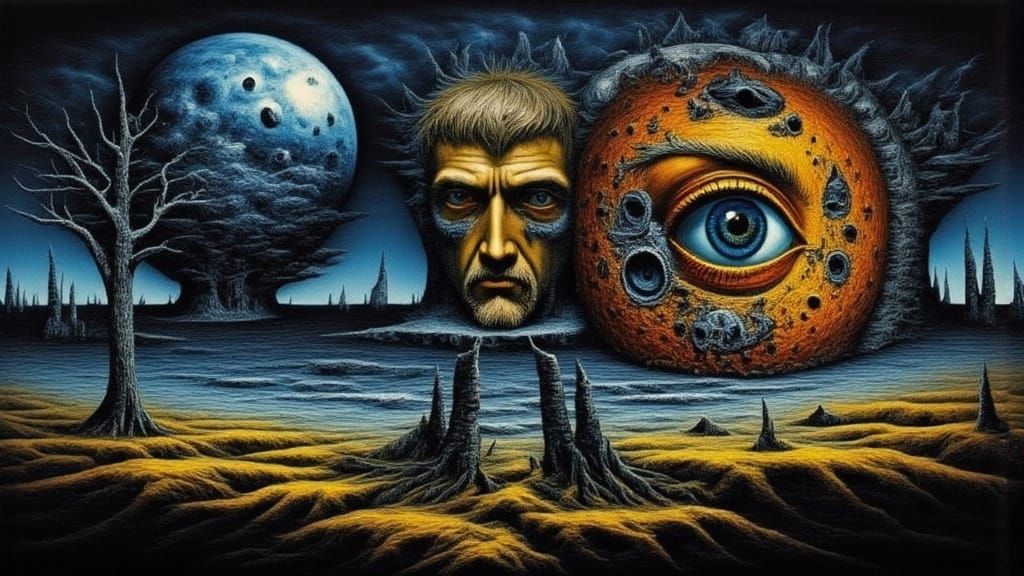 Surreal Man-Peacock Mutation with Fractal Face and Fiery Eye...