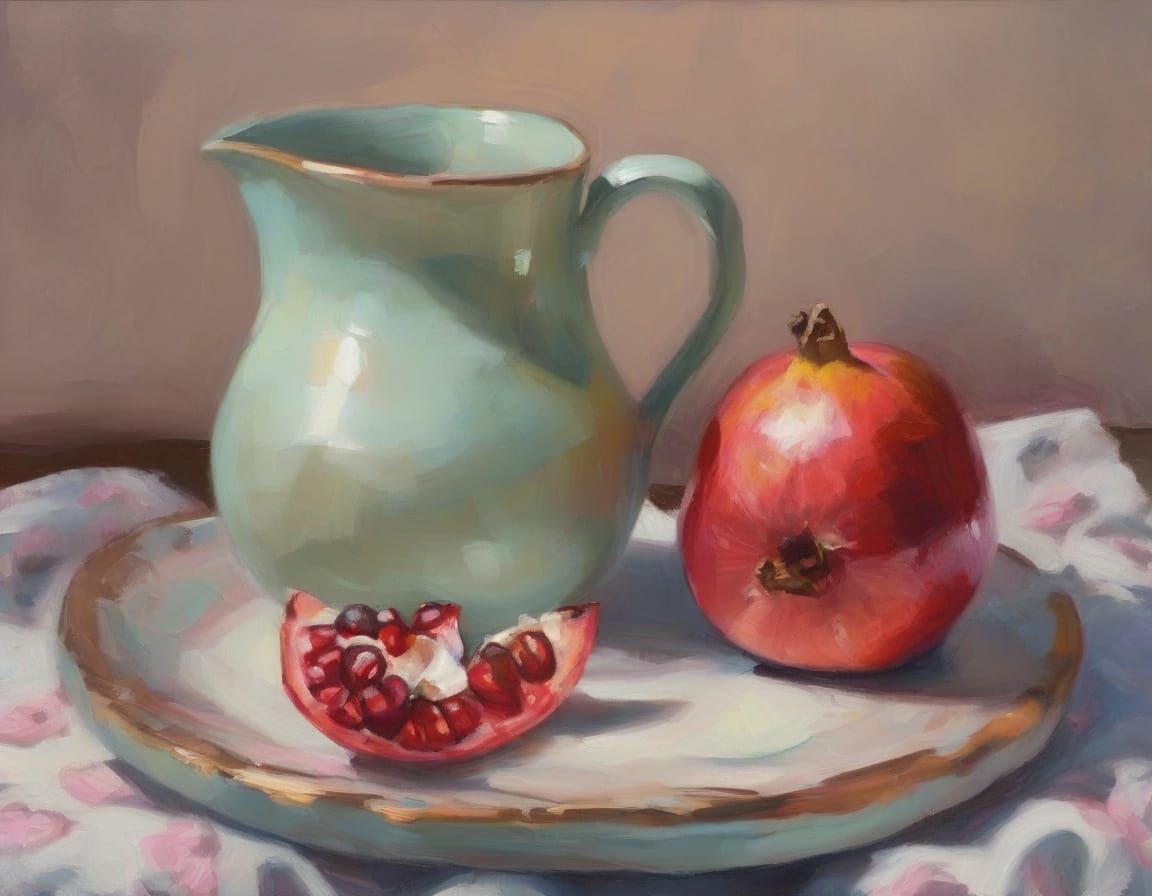 Impressionist Still Life: Pomegranate Juice, Cake, and Tea